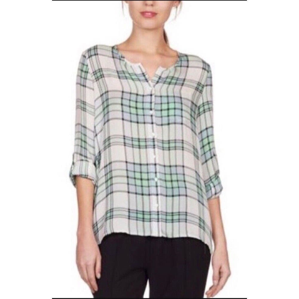 Joie Kariana Women's Silk Green Plaid Button Down Blouse Roll Tab Sleeve